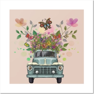 Vintage Truck Garden Flowers & Butterflies Posters and Art